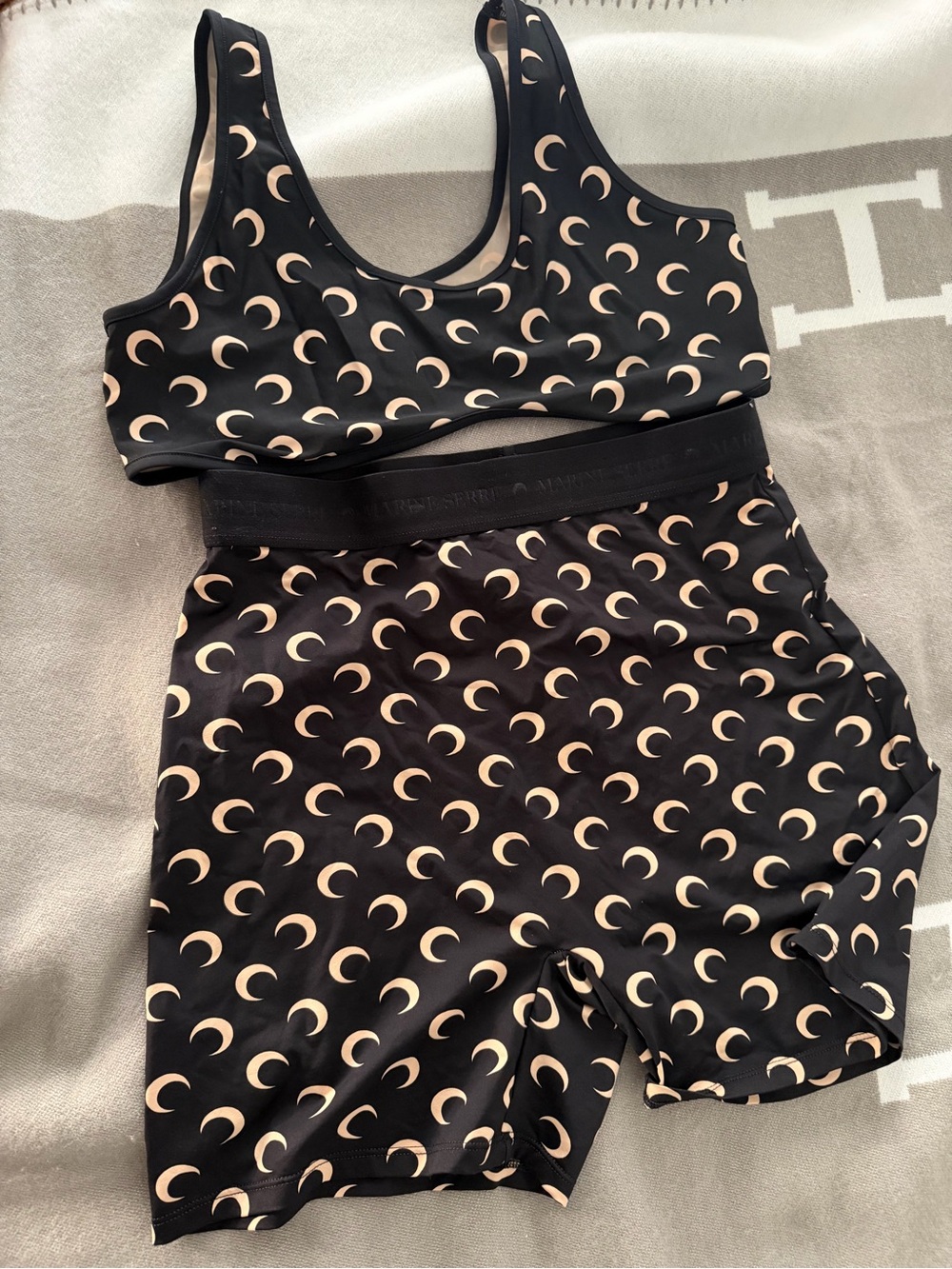 Marine Serre Black Crescent-Print Sport Bralette and Biker Short Set